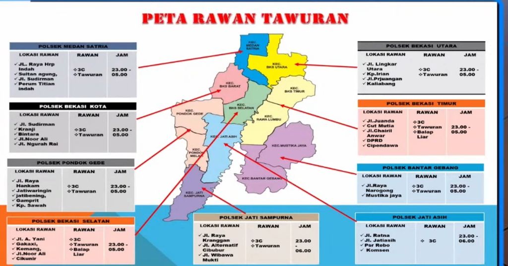 Data daerah rawan kejahatan di 12 wilayah kecamatan di Kota Bekasi.