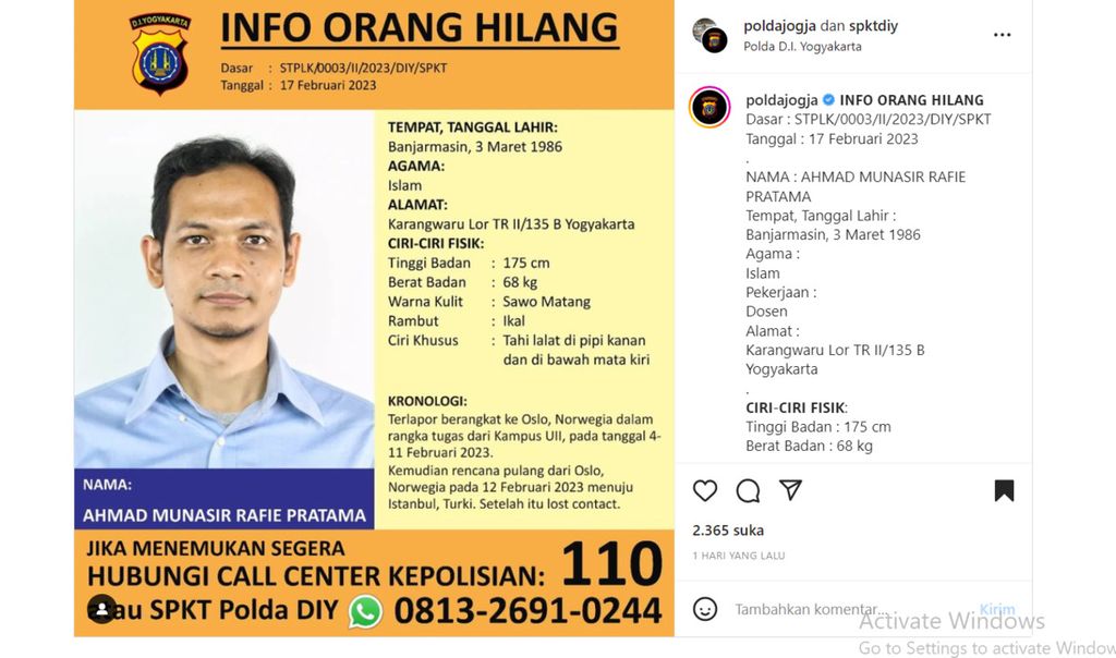 Informasi tentang hilangnya dosen Universitas Islam Indonesia, Yogyakarta, Ahmad Munasir Rafie Pratama, yang dimuat di akun Instagram Polda Daerah Istimewa Yogyakarta.