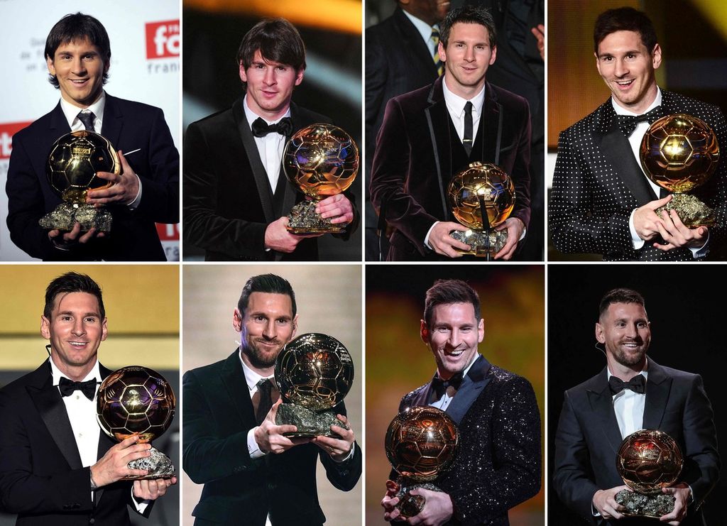 Foto kombinasi ini memperlihatkan Lionel Messi meraih trofi pemain terbaik putra Ballon d'Or dalam delapan edisi berbeda mulai dari 2009 (kiri atas) hingga 20023 (kanan bawah. Foto-foto diambil dalam rentang 2009 hingga 2023.