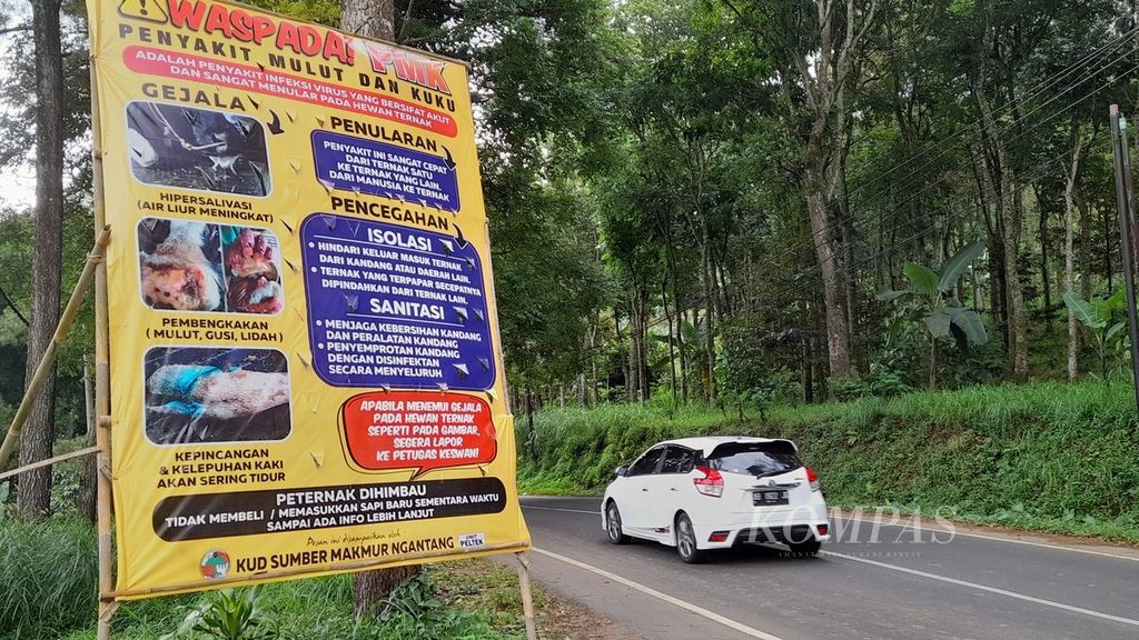Sebuah baliho besar berisi kisi-kisi penanganan penyakit mulut dan kuku terpampang di tepi jalan di daerah Ngantang, Kabupaten Malang, Jawa Timur, sebagaimana terlihat, Kamis (2/6/2022).