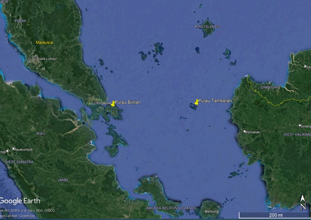 Citra satelit menunjukkan lokasi Pulau Tambelan di Kabupaten Bintan, Kepulauan Riau.