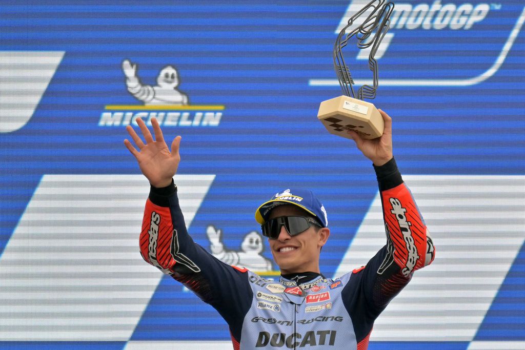 The celebration of Gresini Racing rider Marc Marquez after finishing second in the MotoGP race series in Le Mans, France at the Bugatti Circuit on Sunday, May 12th 2024.