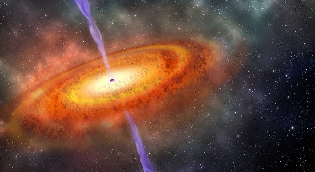 Konsep artis tentang lubang hitam supermasif yang pernah ditemukan dan merupakan bagian dari kuasar yang terbentuk hanya 690 juta tahun setelah dentuman besar (<i>big bang</i>).