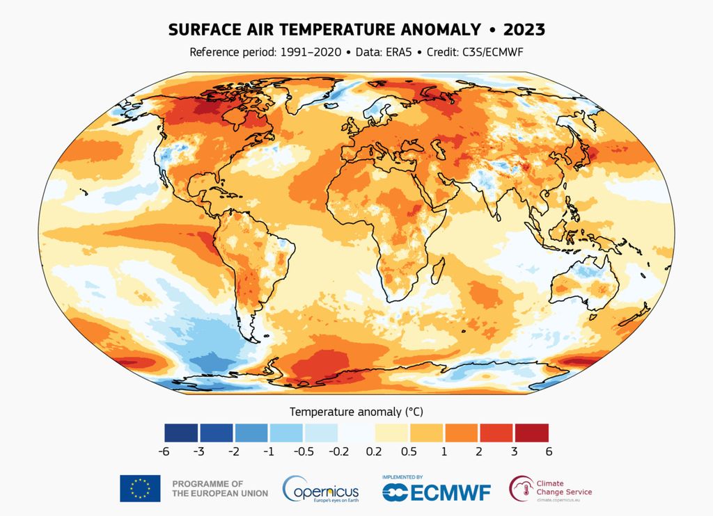 Anomali suhu udara permukaan tahun 2023 relatif terhadap rata-rata periode acuan 1991-2020. Sumber data: ERA5. Sumber: C3S/ECMWF