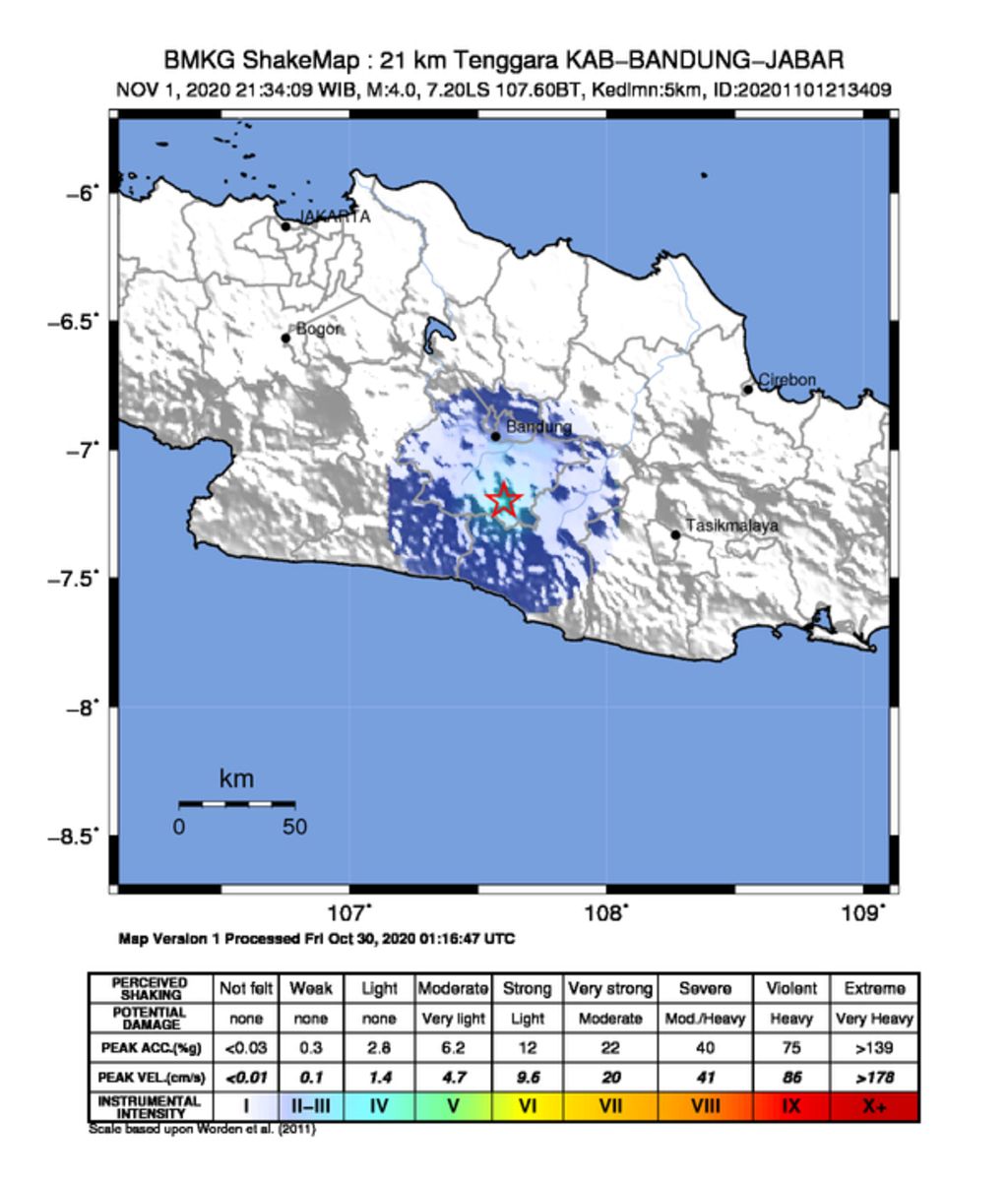 Gempa yang melanda Bandung dan Garut pada Minggu (1/11) bersumber dari sesar Garsela. Sumber: BMKG