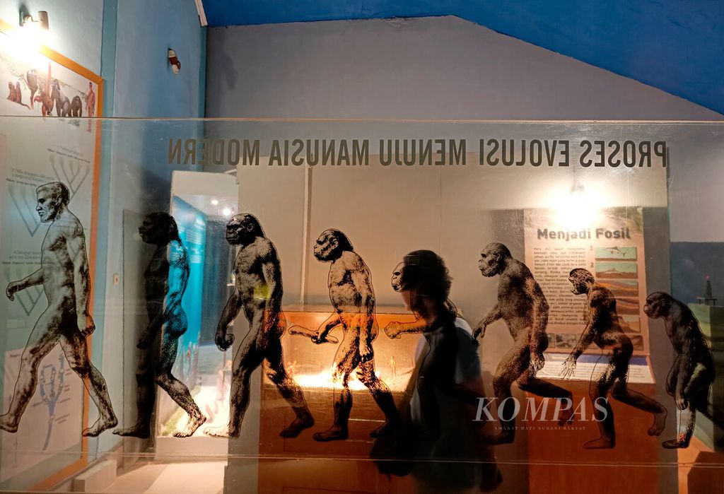Pengunjung melintasi bagian ruang yang menggambarkan sejarah kehidupan manusia purba di Museum Sangiran, Kecamatan Kalijambe, kabupaten Sragen, Jawa Tengah, Rabu (2/10/2022). 
