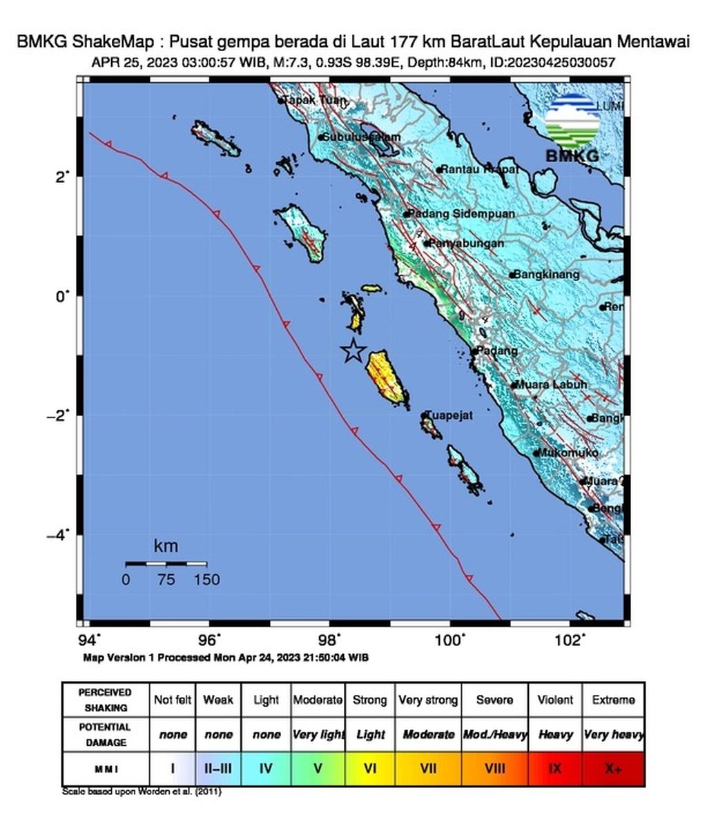 Peta gempa bumi bermagnitudo 7,3 di sekitar Pulau Siberut, Kepulauan Mentawai, Sumatera Barat, Selasa (25/4/2023) pukul 03.00.