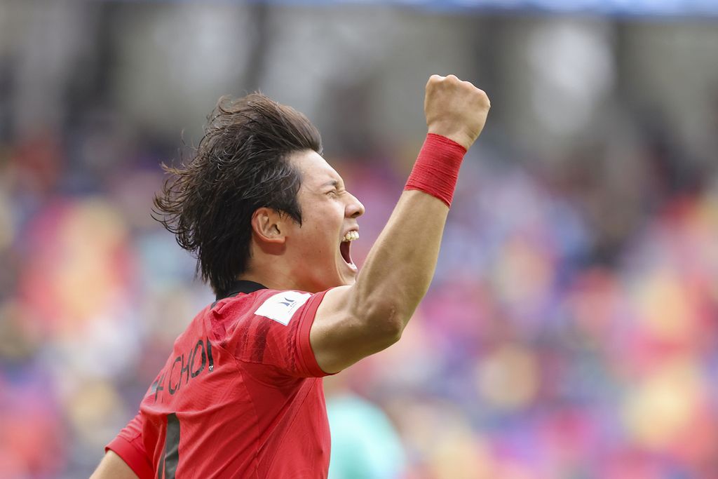 Pemain Korea Selatan, Choi Seok-hyun, merayakan golnya ke gawang Nigeria pada babak tambahan waktu laga perempat final Piala Dunia U-20 2023 di Stadion Madre de Ciudades di Santiago del Estero, Argentina, Senin (5/6/2023) dini hari WIB. Korsel menang, 1-0.