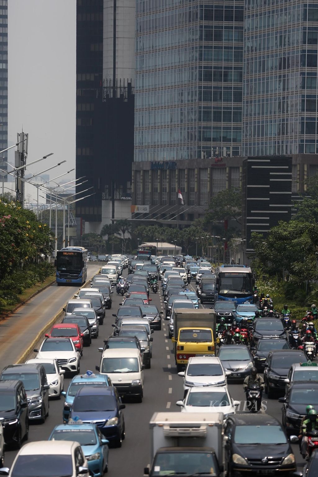Transjakarta melalui jalur khusus di Jalan Jenderal Sudirman, Jakarta Selatan, Kamis (24/10/2019). 