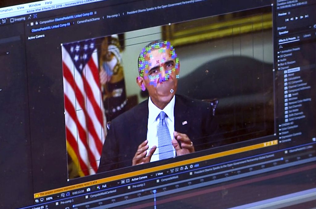 Gambar yang dibuat dari video palsu yang menampilkan mantan Presiden Barack Obama ini menunjukkan elemen pemetaan wajah yang digunakan dalam teknologi baru kecerdasan buatan untuk membuat <i>deepfake</i>, yaitu video dan suara yang tak bisa lagi dibedakan dari aslinya.