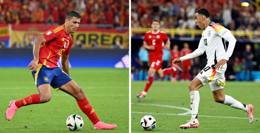 Gelandang Spanyol, Rodri (kiri), dan gelandang Jerman, Jamal Musiala, saat bermain di Piala Eropa 2024. Mereka akan bertarung saat Spanyol dan Jerman bertemu pada laga perempat final, Jumat (5/7/2024) pukul 23.00 WIB. 