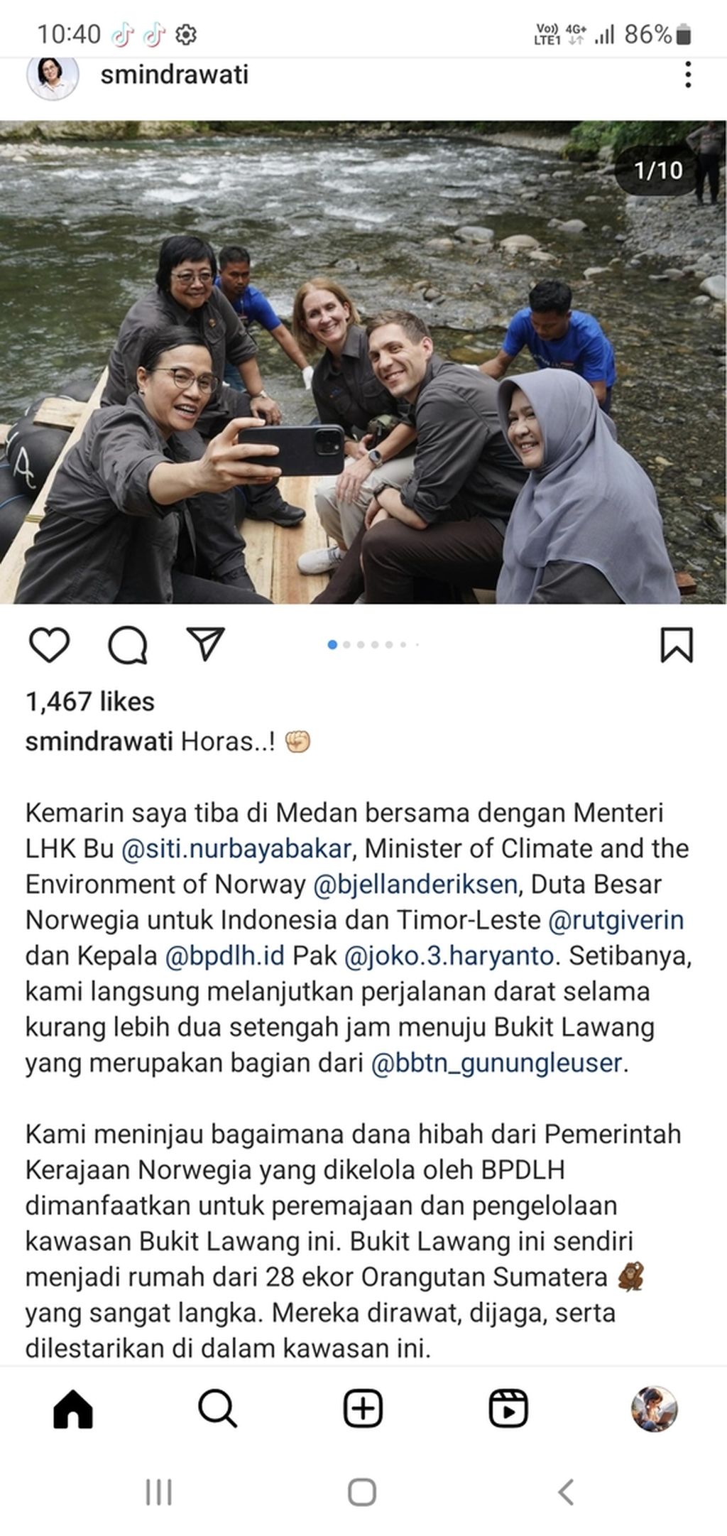 Menteri Keuangan Sri Mulyani mengunggah perjalanannya ke Bukit Lawang, Sumatera Utara, Sabtu (1/6/2024), bersama Menteri Iklim dan Lingkungan Norwegia Andreas Bjelland Eriksen dan Menteri Lingkungan Hidup dan Kehutanan Siti Nurbaya Bakar.