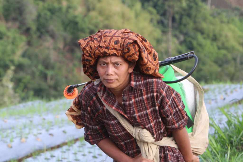 Salah satu petani berjalan menuju lahannya yang berada di kaki Gunung Cikuray, Desa Sukamukti, Kecamatan Cilawu, Kabupaten Garut, Jawa Barat, Sabtu (13/1/2024).