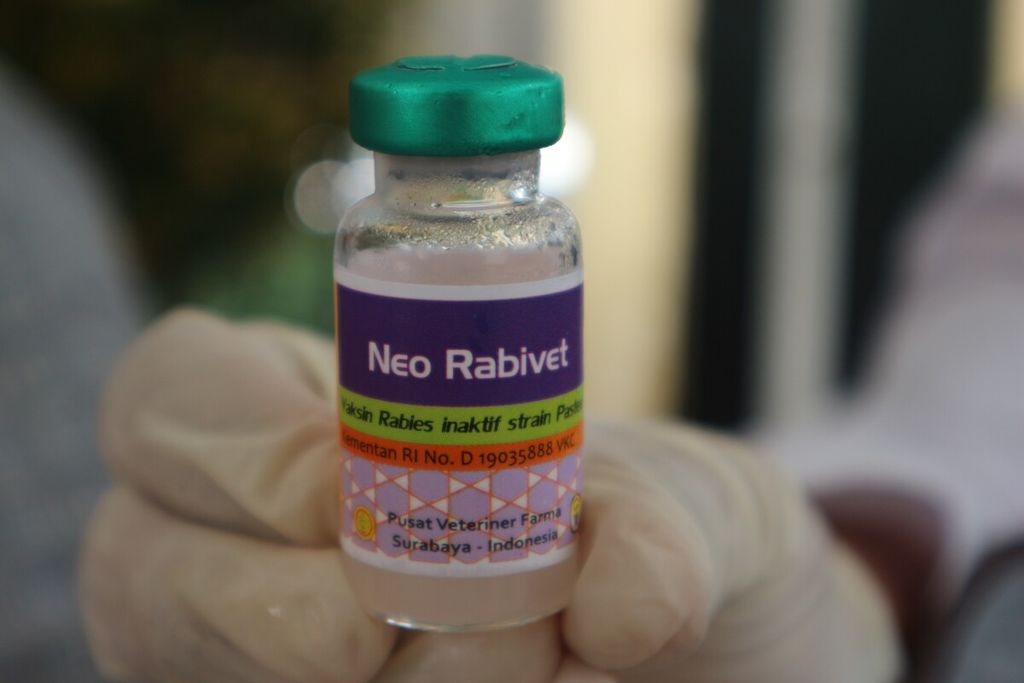 Petugas menunjukan vaksin Neo Rabivet. Vaksin ini digunakan dalam kegiatan vaksinasi rabies gratis di Kantor Kelurahan Pancoran, Pancoran, Jakarta Selatan, Rabu (9/11/2022)