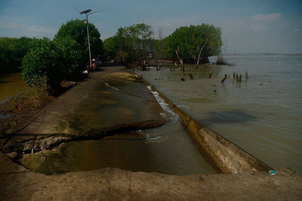 Akses jalan menuju pantai yang rusak terkikis ombak setelah hilangnya kawasan mangrove sebagai pelindungnya di Mangunharjo, Kecamatan Tugu, Kota Semarang, Jawa Tengah, Jumat (4/3/2022). Abrasi yang terus terjadi menyebabkan terus mundurnya garis pantai mendekati tambak dan perkampungan. 