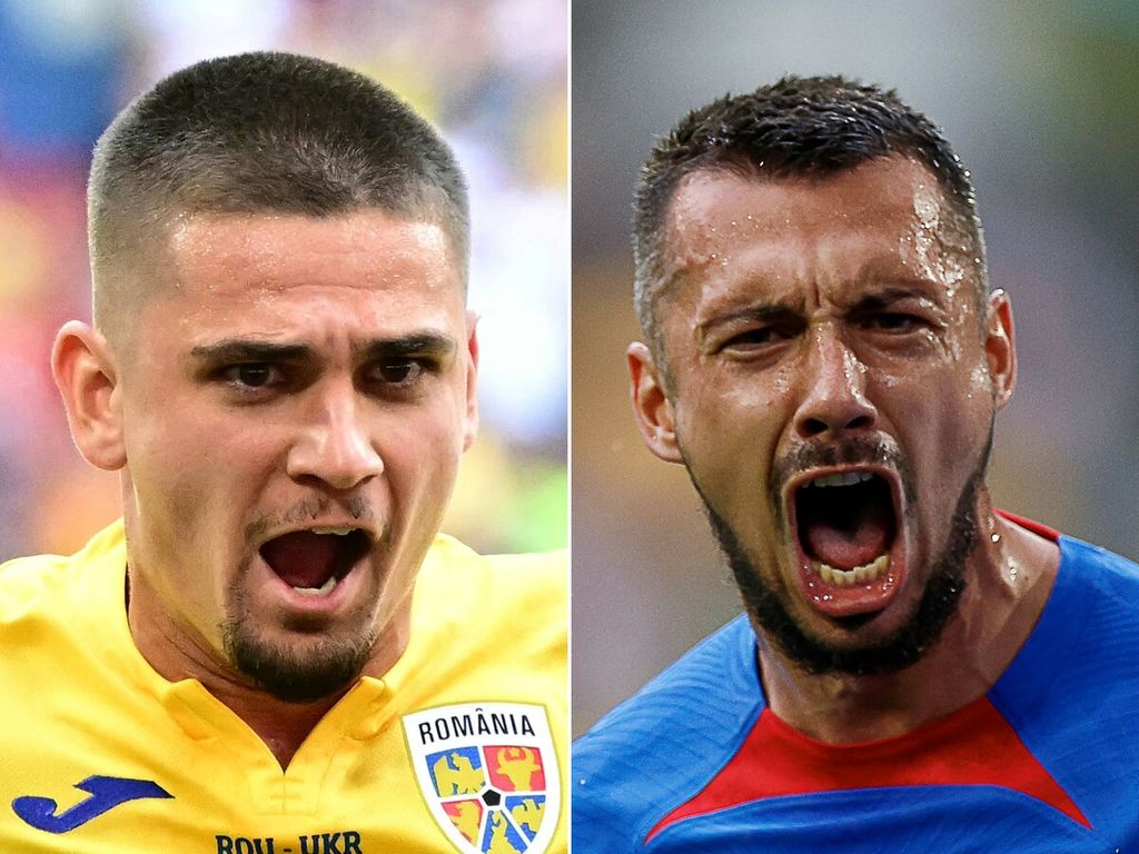 Gelandang Romania, Razcab Marin (kiri), dan penyerang Slowakia, Ivan Schranz, dalam foto yang digabung pada 24 Juni 2024. Slowakia dan Romania akan berjumpa dalam pertandingan terakhir Grup E di Stadion Frankfurt Arena, Rabu (26/6/2024) pukul 23.00 WIB.