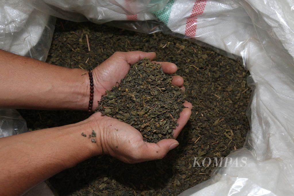 Teh hijau produksi pabrik teh PT Mitra Kerinci Sangir, Solok, Sumatera Barat, Kamis (11/7/2019). Produksi teh Mitra Kerinci sekitar 80 persen adalah jenis teh hijau, sisanya adalah teh putih, teh hitam, dan teh merah dengan pemasaran utama untuk kebutuhan ekspor.