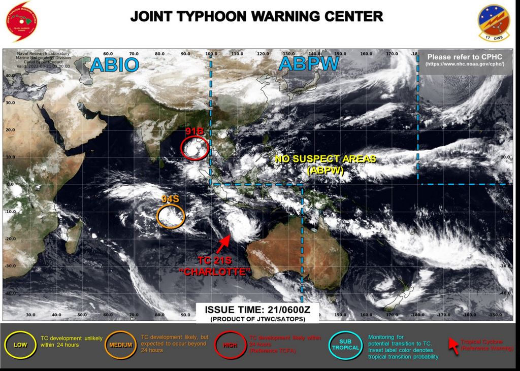 Bibit siklon yang awalnya muncul di Laut Timor akhirnya menguat menjadi siklon tropis Charlotte pada Senin (21/3/2022). Siklon yang berada di Samudra Hindia, sekitar 426 kilometer sebelah selatan tenggara Cilacap, Jawa Tengah, ini berdampak secara tidak langsung terhadap cuaca ekstrem di selatan Pulau Jawa. 