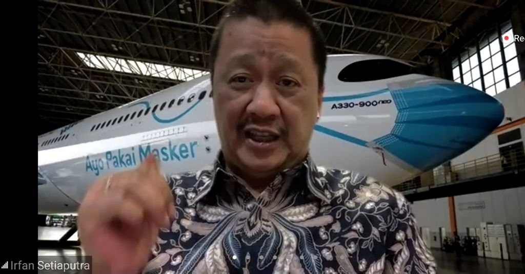 Tangkapan layar saat Direktur Utama Garuda Indonesia Irfan Setiaputra menjadi salah satu pembicara kunci pada seminar dalam jaringan peringatan 50 tahun Indonesia National Air Carriers Association (Inaca), Kamis (15/10/2020) malam. 