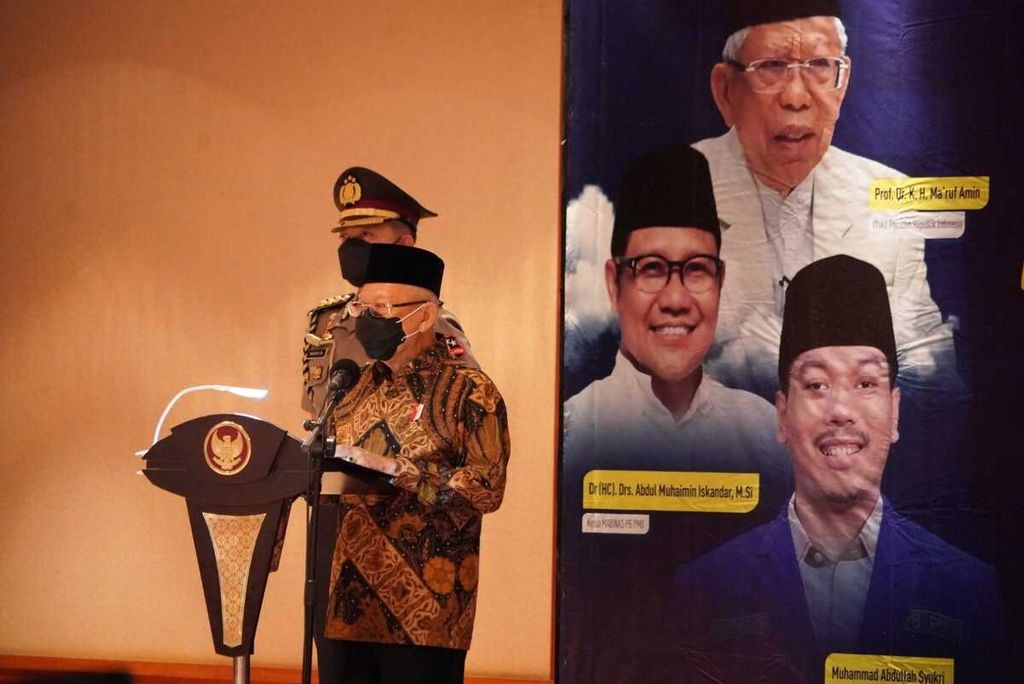 Wapres Maruf Amin ketika hadir dalam acara Harlah Ke-62 Pergerakan Mahasiswa Islam Indonesia (PMII) dengan tema ”Transformasi Gerakan, Menjaga Tradisi, dan Merawat Peradaban”, Senin (18/4/2022).