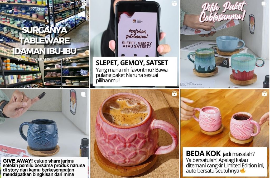 Tangkapan layar Instagram produk ekonomi kreatif kriya keramik Naruna. Jenama asal Salatiga, Jawa Tengah, ini terdiri atas beragam produk alat makan keramik yang telah diekspor ke 16 negara di dunia.