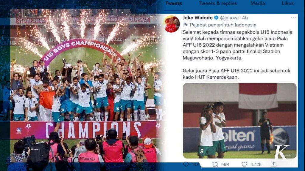 Tim Indonesia berhasil menjuarai piala AFF U-16 seusai menekuk Vietnam dengan skor 1-0, Jumat (12/8/2022). Lewat akun Twitternya, Sabtu, Presiden Joko Widodo mengapresiasi kemenangan tim U16 Indonesia ini. 