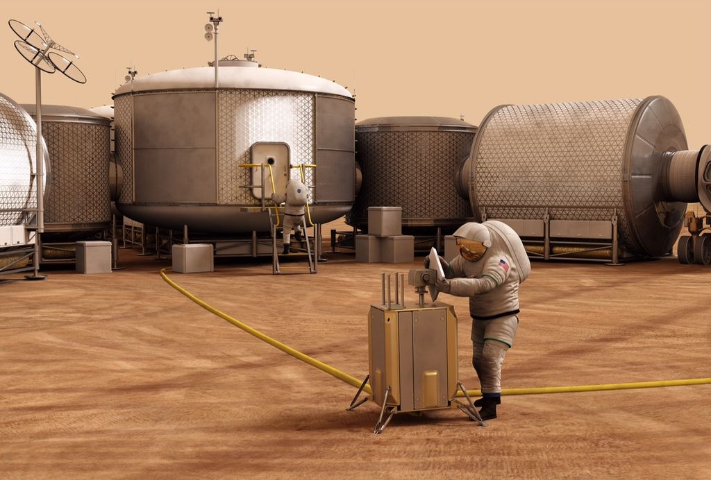 Konsep artis tentang koloni manusia di Mars. Meski Mars memiliki udara, manusia tidak bisa bernapas. Selain itu, walau terlihat cerah, suhu siang hari di Mars juga terlalu dingin untuk manusia. Akibatnya, mereka tetap harus mengenakan pakaian khusus saat beraktivitas di luar ruangan.