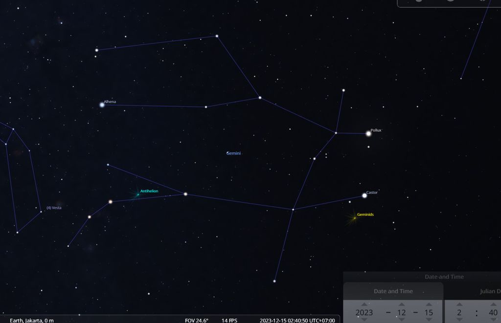 Posisi rasi Gemini dilihat dari Jakarta pada Jumat (15/12/2023) pukul 02.38 WIB. Rasi Gemini berada di arah utara dengan ketinggian sekitar 50 derajat. Radian hujan meteor Geminid berada di dekat bintang Castro, salah satu bintang terang di rasi Gemini.
