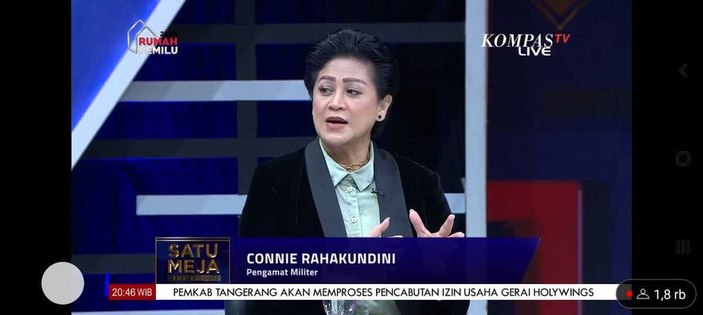 Pengamat militer Connie Rahakundini pada acara <i>Satu Meja the Forum</i> bertajuk ”Mampukah Jokowi Damaikan Rusia-Ukraina” yang disiarkan Kompas TV, Rabu (29/6/2022) malam.