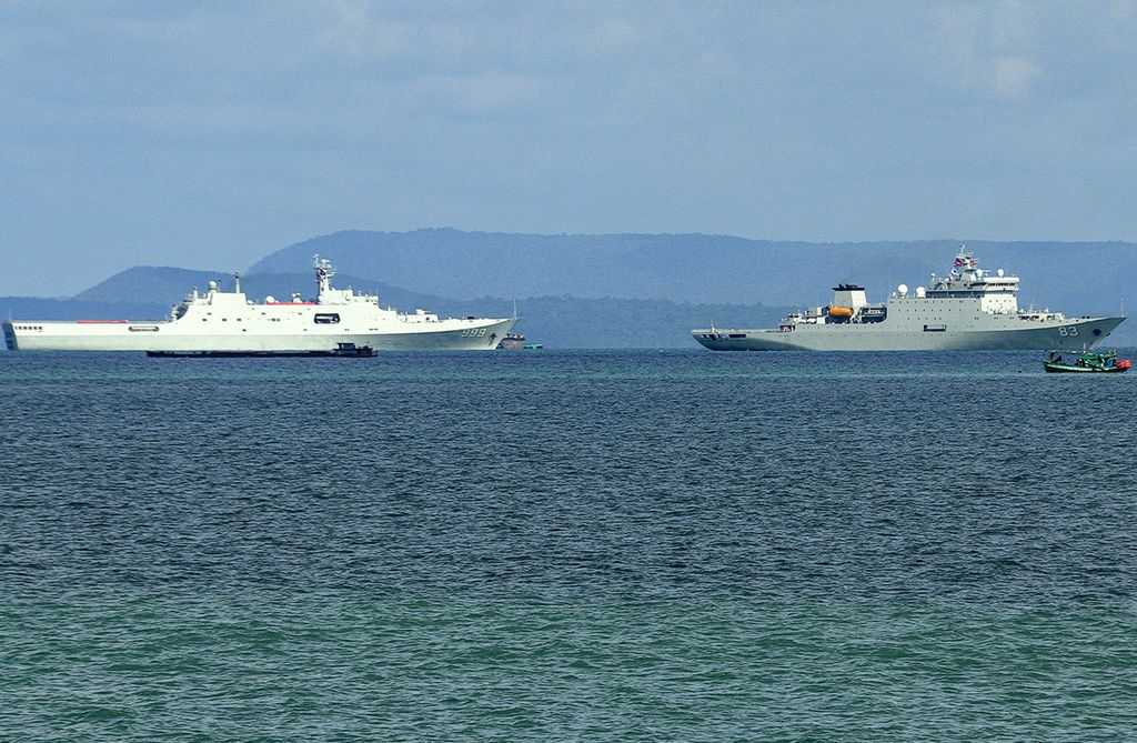 China's training ship, Qijiguang (right), and amphibious warfare ship Jinggangshan (left) are seen during a welcoming ceremony at the port of Sihanoukville, Preah Sihanouk Province, Cambodia, on May 19, 2024.