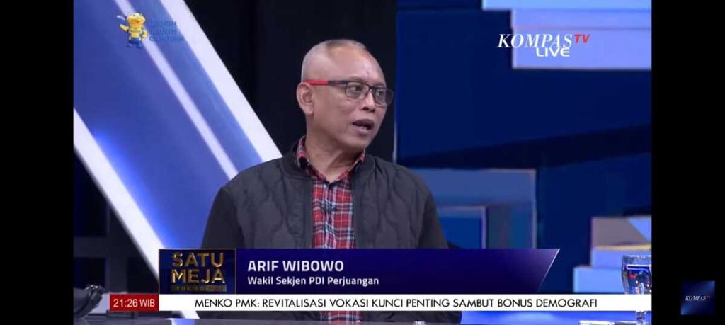 Wakil Sekretaris Jenderal Partai Demokrasi Indonesia Perjuangan Arif Wibowo pada acara Satu Meja the Forum bertajuk Ribut-ribut Koalisi, Menteri Jokowi Sibuk Sendiri yang disiarkan Kompas TV, Rabu (3/5/2023) malam.