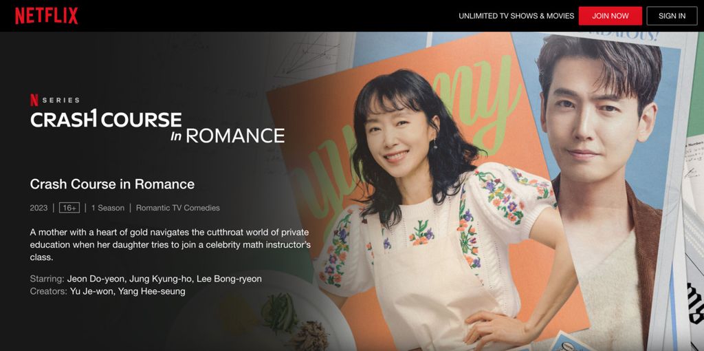 Tangkapan layar drama seri Korea, <i>Crash Course in Romance, </i>di situs resmi Netflix.