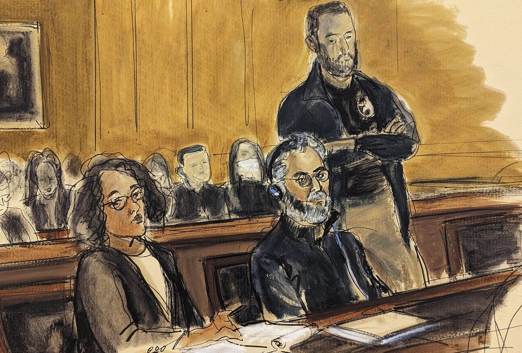 Courtroom sketches feature Guo Wengui (sitting in the middle) and his lawyer, Tamara Giwa (on the left), during a federal court hearing in New York, USA, on March 15, 2023.