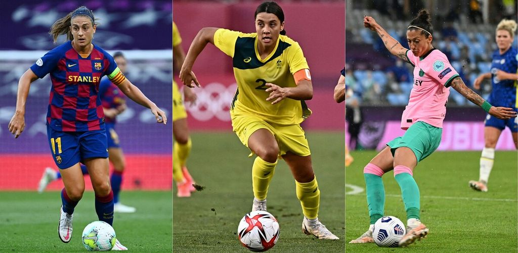 Kombinasi foto tiga pemain nomine pemain terbaik FIFA 2021. Bintang timnas Australia, Samantha Kerr (tengah), akan bersaing dengan duo Barcelona dan timnas Spanyol, Alexia Putellas (kiri) dan Jennifer Hermoso (kanan), untuk menjadi pemain terbaik dunia.