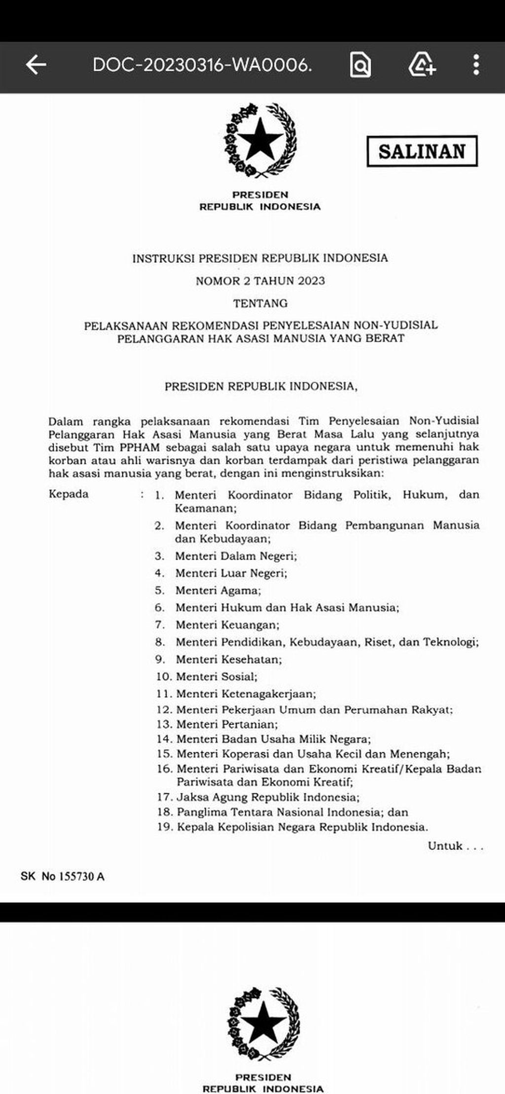 Presiden Joko Widodo menerbitkan Instruksi Presiden Nomor 2 Tahun 2023 tentang Pelaksanaan Rekomendasi Penyelesaian Non-Yudisial Pelanggaran Hak Asasi Manusia yang Berat untuk menindaklanjuti rekomendasi dari Tim PPHAM. Beleid itu diterbitkan pada Rabu (15/3/2023). 