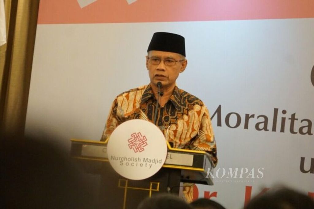 Ketua Umum PP Muhammadiyah Haedar Nashir dalam acara peringatan Haul Ke-14 Cak Nur di Jakarta, Kamis (29/8/2019) malam.