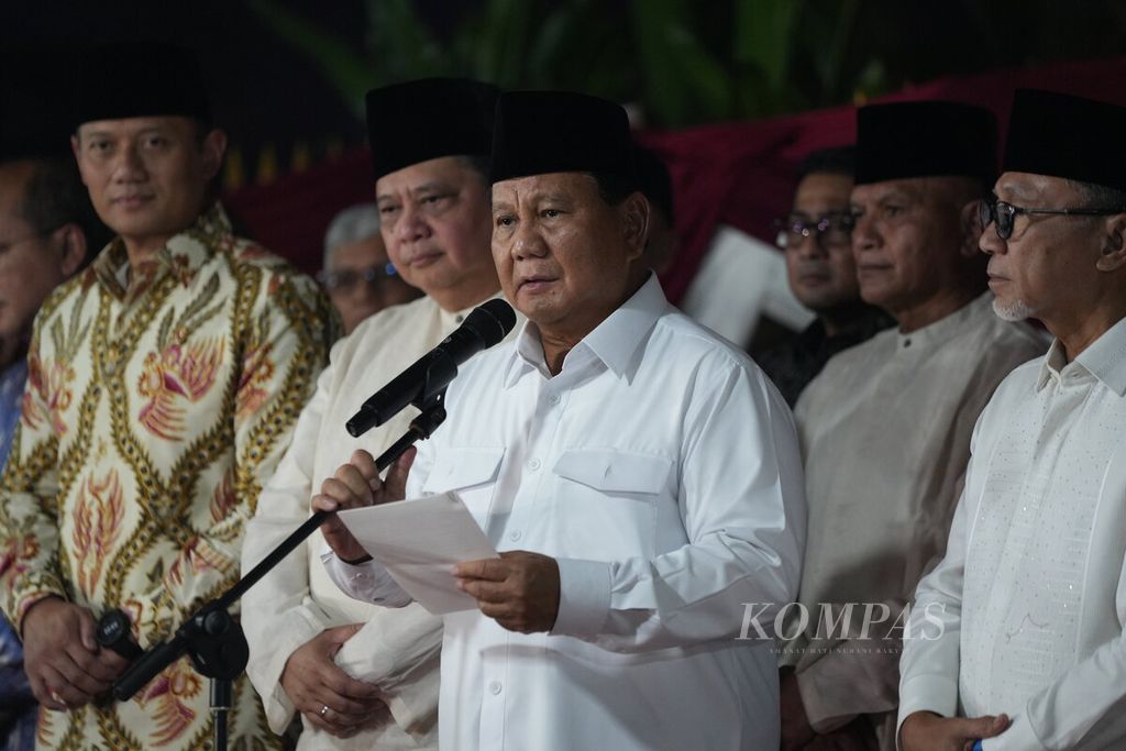 Presidential candidate number two, Prabowo Subianto, together with the leaders of the Indonesian Forward Coalition, held a press conference following the KPU's decision on the national vote count at his residence on Kertanegara Street, South Jakarta, Wednesday (20/3/2024).