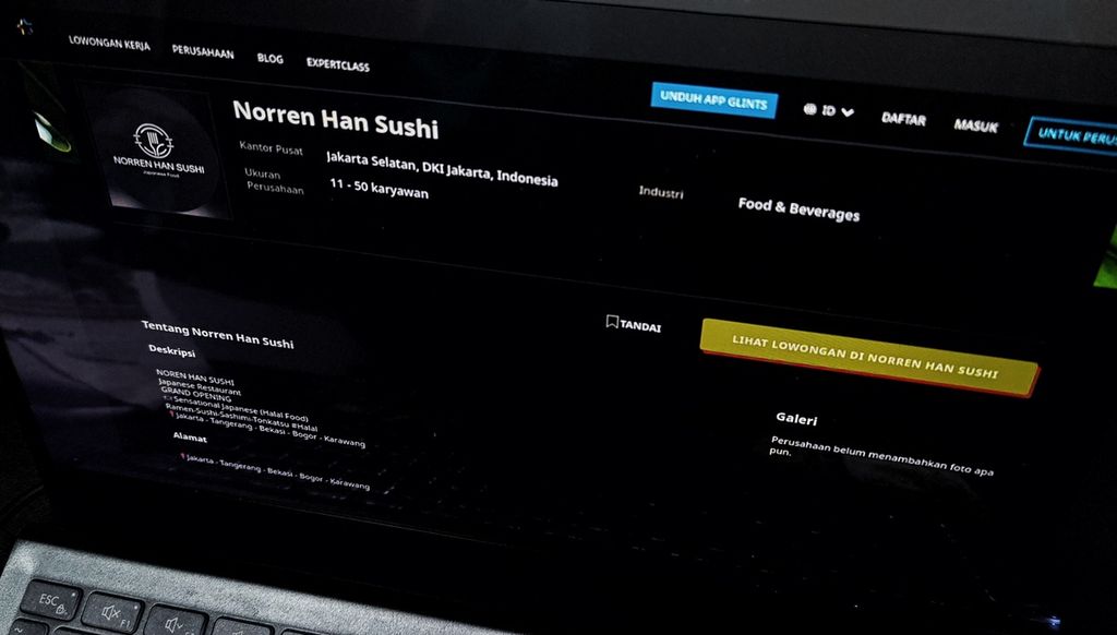 Resto Norren Han Sushi yang terindikasi sebagai entitas fiktif sempat mengiklankan lowongan kerja di platform pencarian kerja Glints, saat diakses pada 1 Agustus 2024.