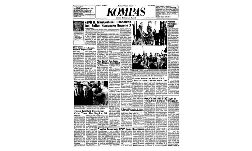 Penobatan Sultan Hamengku Buwono X yang terbit di Harian Kompas, edisi 8 Maret 1989 