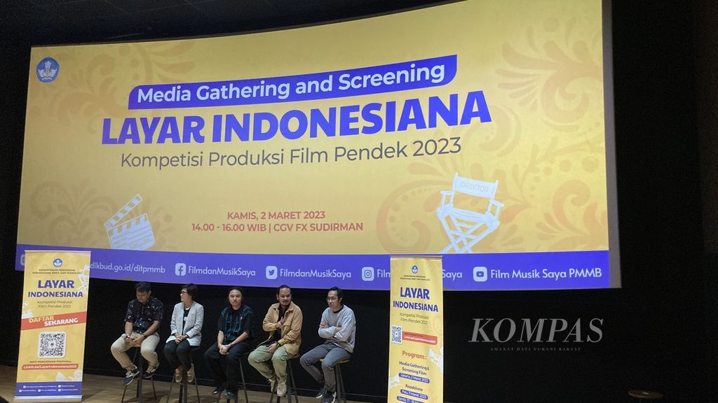 Kementerian Pendidikan, Kebudayaan, Riset, dan Teknologi mengumumkan penyelenggaraan Kompetisi Produksi Film ”Layar Indonesiana” 2023 di Jakarta, Kamis (2/3/2023). Kompetisi ini terbuka untuk semua pembuat film muda di seluruh Indonesia. Pendaftaran dibuka pada 6 Maret 2023 hingga 1 Mei 2023.