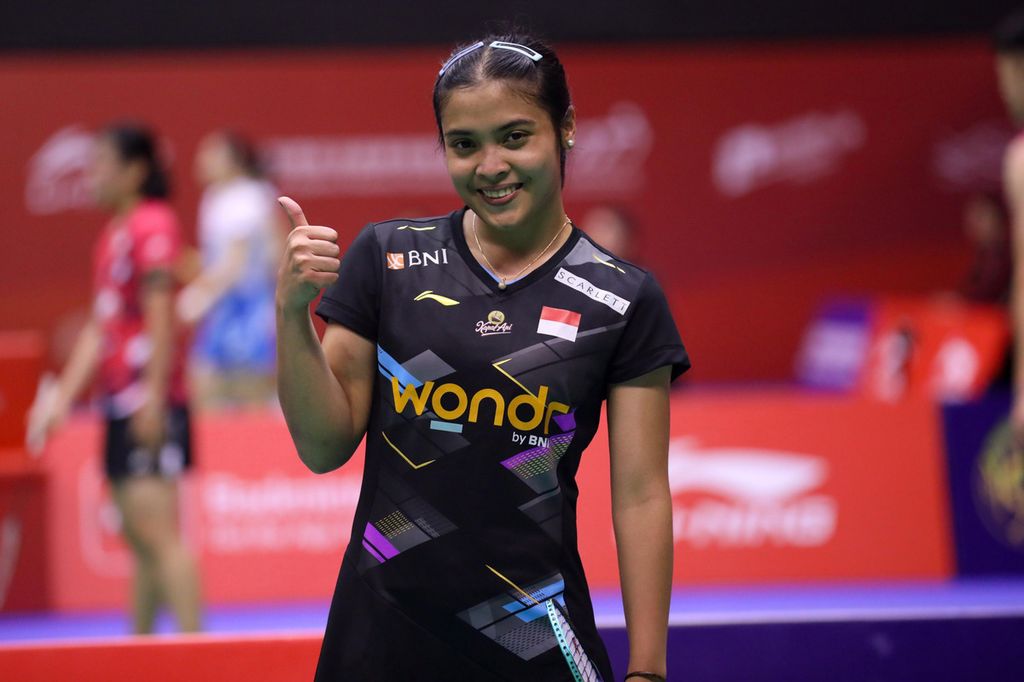 Gregoria Mariska Tunjung setelah memenangi laga babak pertama Hong Kong Terbuka, Rabu (11/9/2024). 