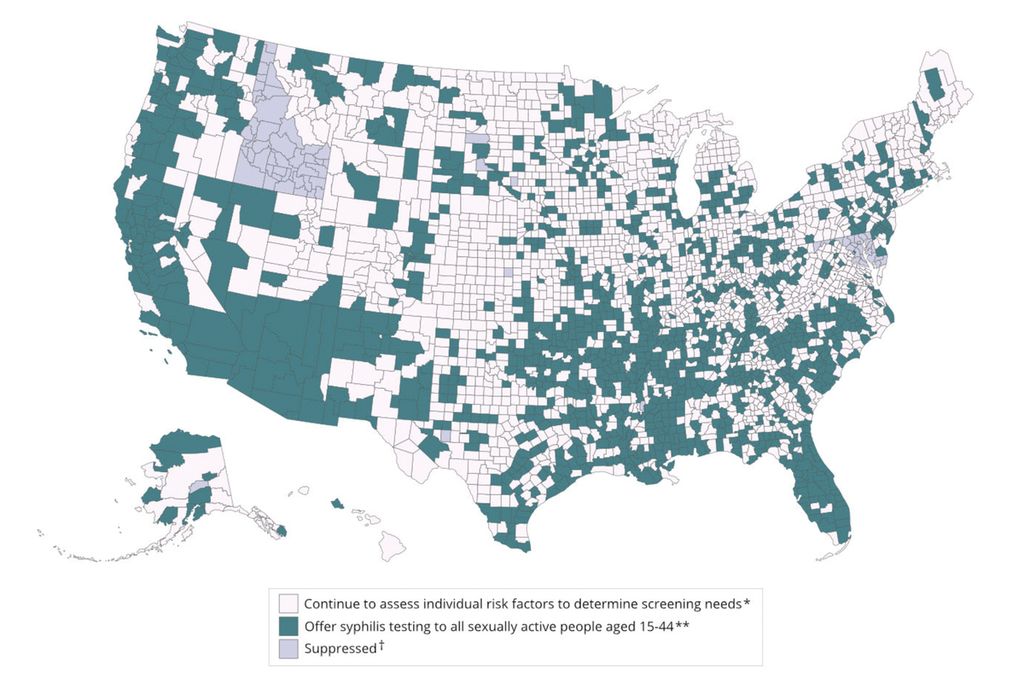 Gambar yang disediakan Pusat Pengendalian dan Pencegahan Penyakit AS pada 7 November 2023 ini menunjukkan wilayah yang diberi warna biru kehijauan, daerah yang disarankan untuk melakukan tes sifilis kepada semua orang yang aktif secara seksual berusia antara 15-44 tahun. 