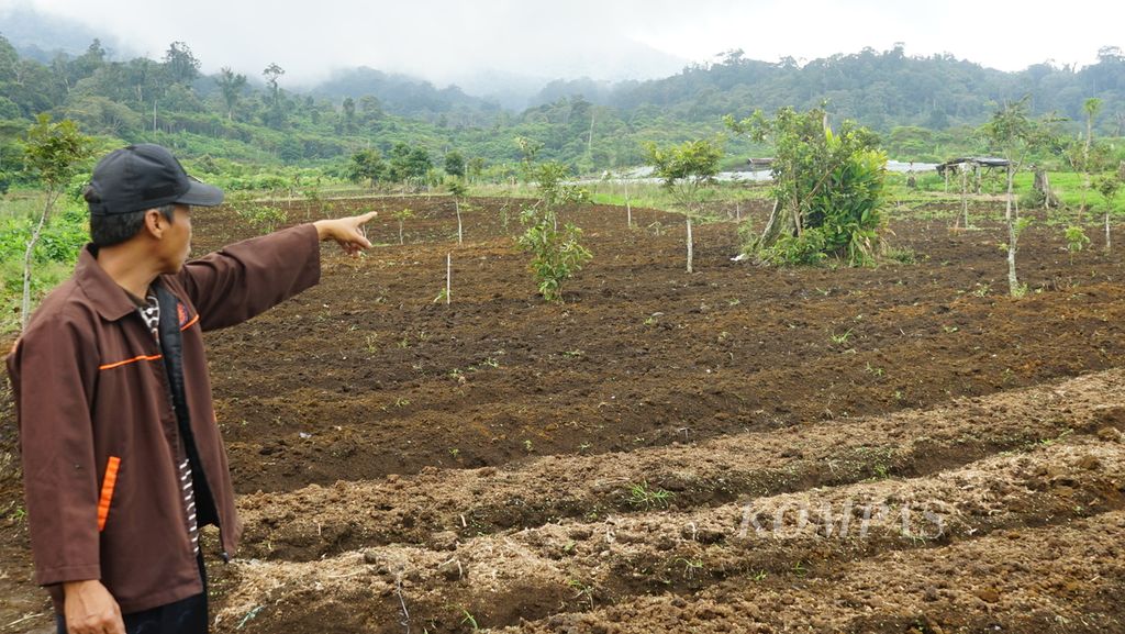 Rusi Siruadi (49) sedang menunjukan sebuah lahan yang akan dikelola di dalam Hutan Kemasyarakatan Kibuk, Kota Pagar Alam, Sumatera Selatan, Kamis (21/7/2022). 