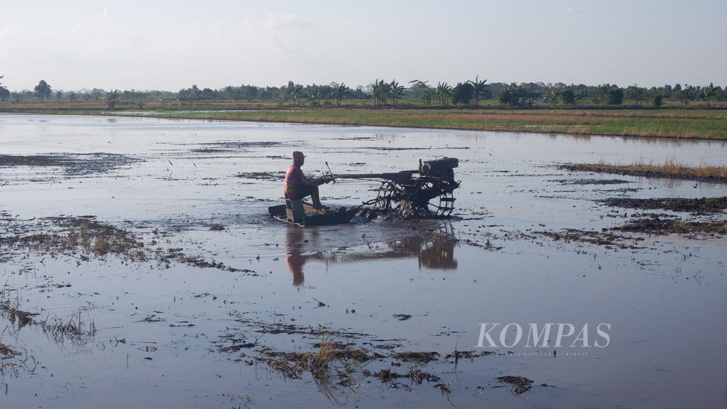 Petani membajak sawah di Desa Belanti Siam, Kecamatan Pandih Batu, Kabupaten Pulang Pisau, Kalimantan Tengah, Senin (15/5/2023). 