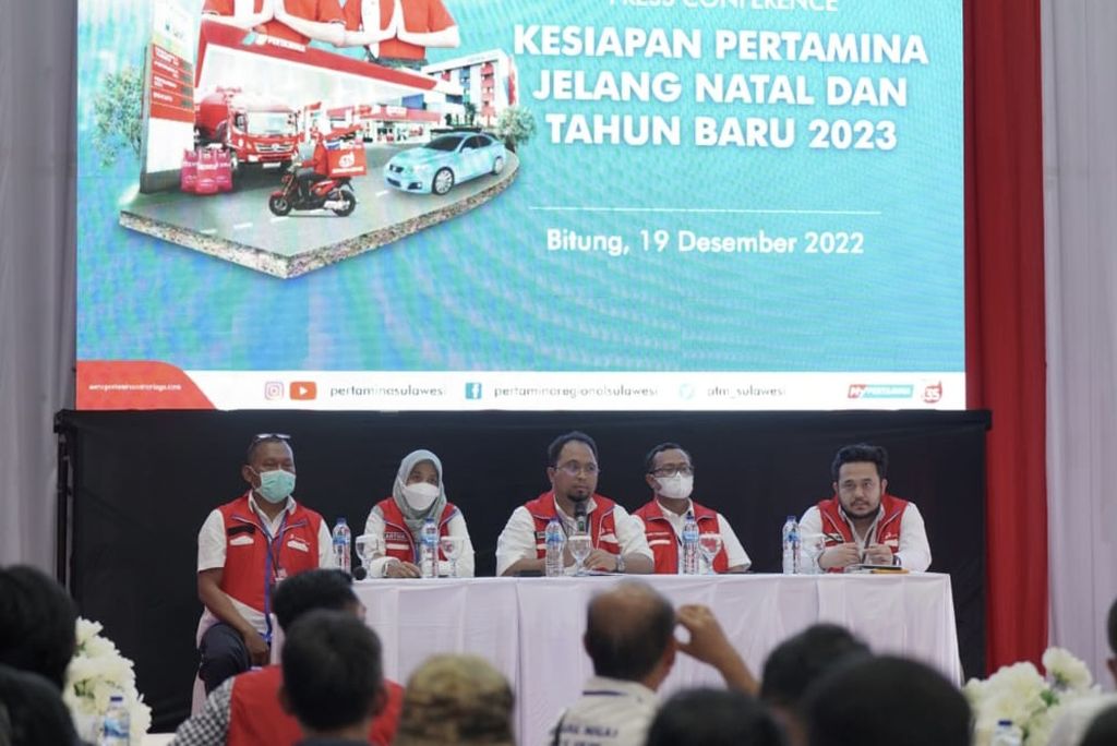 Pihak Pertamina Regional Sulawesi menggelar konferensi pers, Senin (19/12/2022) untuk menjelaskan kesiapan distribusi BBM menghadapi Natal dan Tahun Baru 2023.