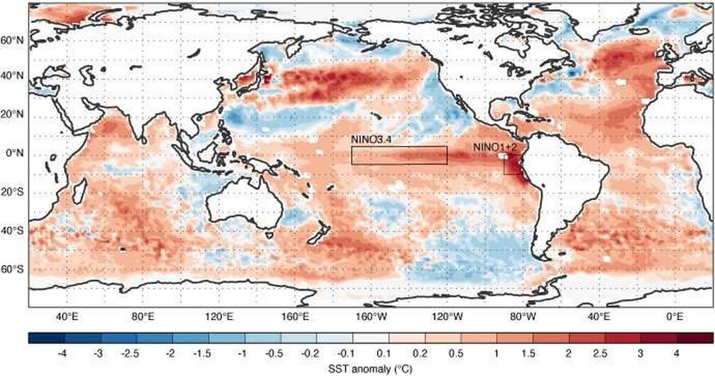 Bagan menunjukkan anomali suhu permukaan laut rata-rata dari 1 hingga 8 Juni 2023, menurut Ocean Reanalysis System 5 (ORAS5) ECMWF. Anomali suhu permukaan laut dihitung berdasarkan rata-rata 1993–2016. Kotak menunjukkan area yang umum digunakan untuk perkiraan anomali. Area di sekitar pulau dibiarkan kosong. Kredit: Pusat Prakiraan Cuaca Jangka Menengah Eropa (ECMWF)