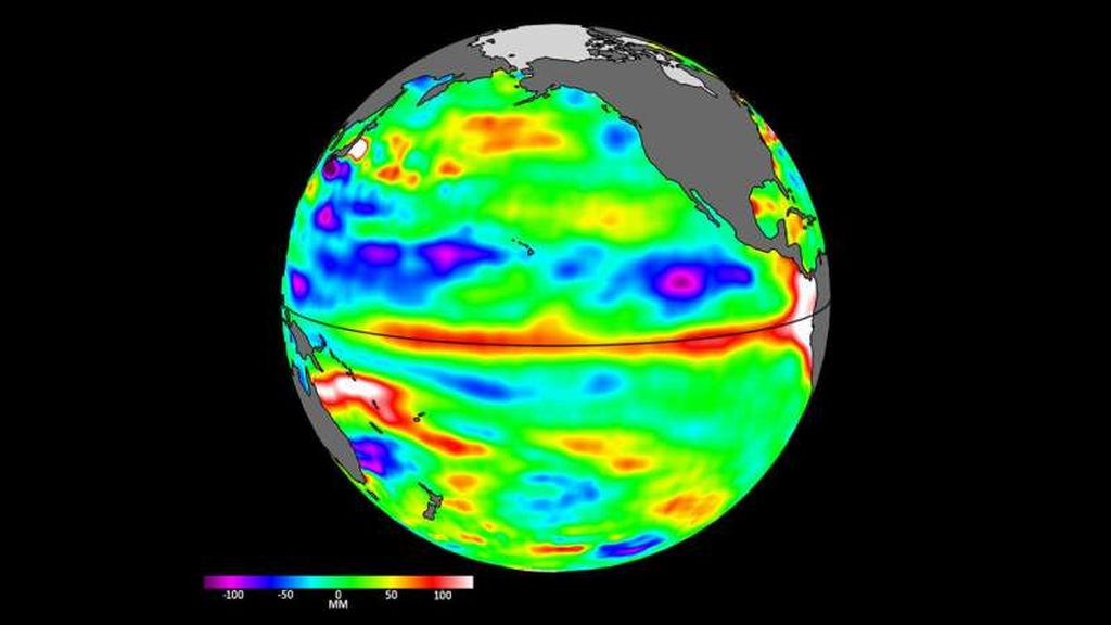 Animasi menampilkan serangkaian gelombang, yang disebut gelombang Kelvin, yang menggerakkan air hangat melintasi Samudra Pasifik khatulistiwa dari barat ke timur selama Maret dan April. Sinyal tersebut dapat menjadi tanda awal perkembangan El Niño, dan terdeteksi oleh satelit permukaan laut Sentinel-6 Michael Freilich. 