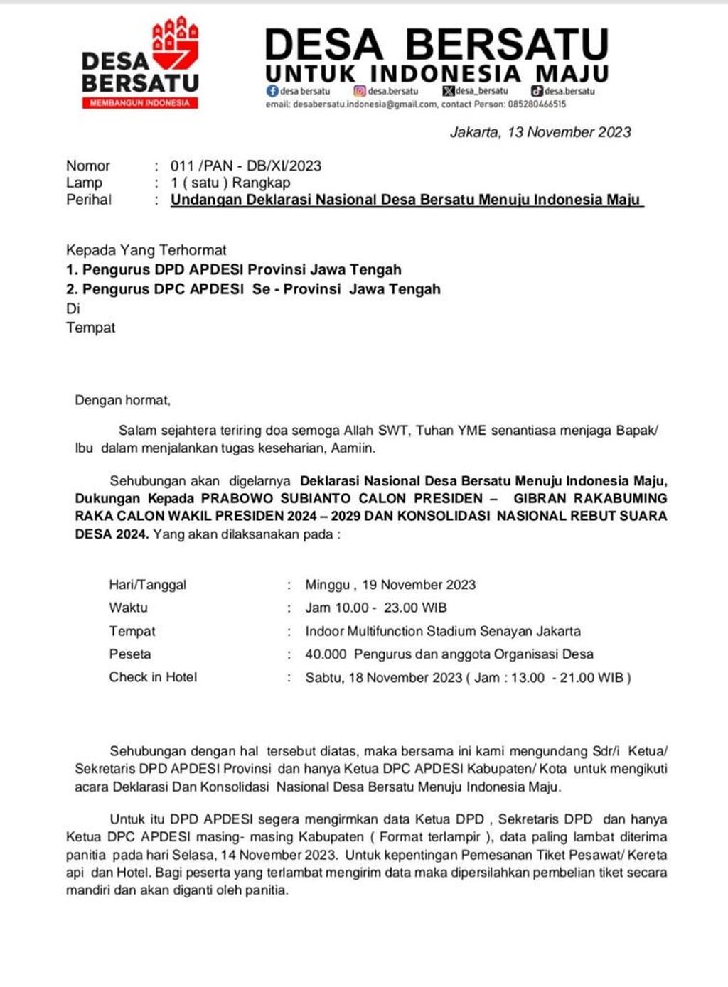 Foto undangan Asosiasi Pemerintah Desa Seluruh Indonesia (Apdesi) kepada sejumlah pengurus DPD Apdesi terkait acara deklarasi pasangan capres-cawapres Prabowo Subianto-Gibran Rakabuming Raka, di Kompleks Gelora Bung Karno, Jakarta, Minggu (19/11/2023). 