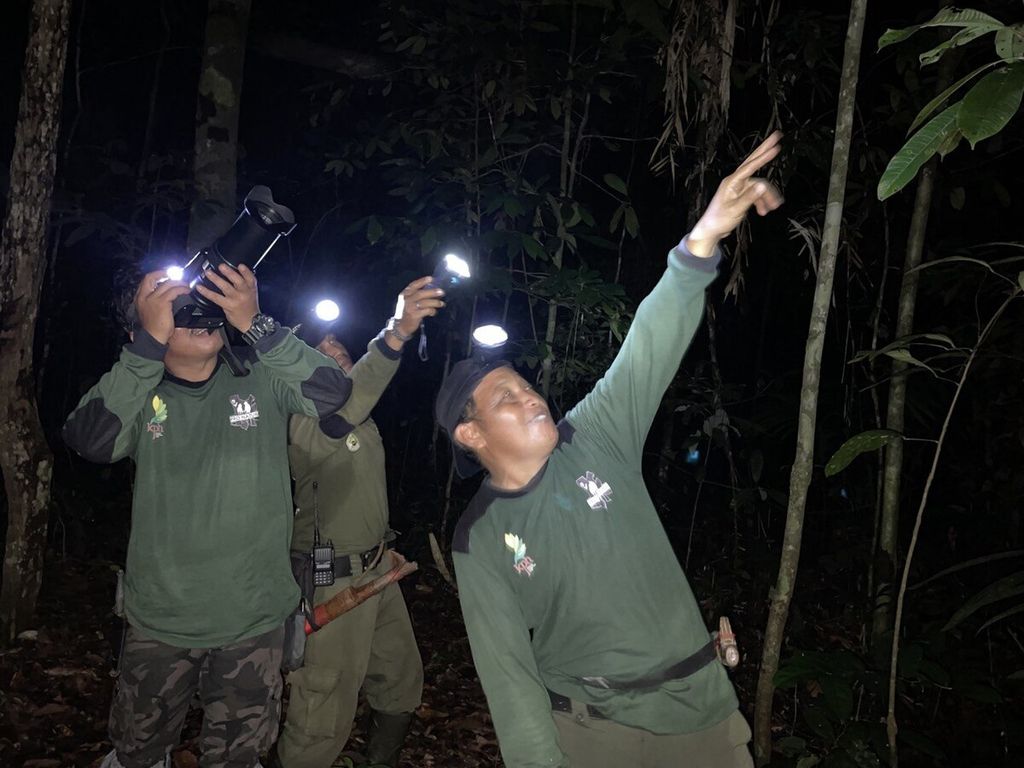 Para penjaga Hutan Lindung Sungai Wain, Kota Balikpapan, Kalimantan Timur, sedang memotret satwa dengan penerangan lampu seadanya pada malam hari, Sabtu (4/2/2023).
