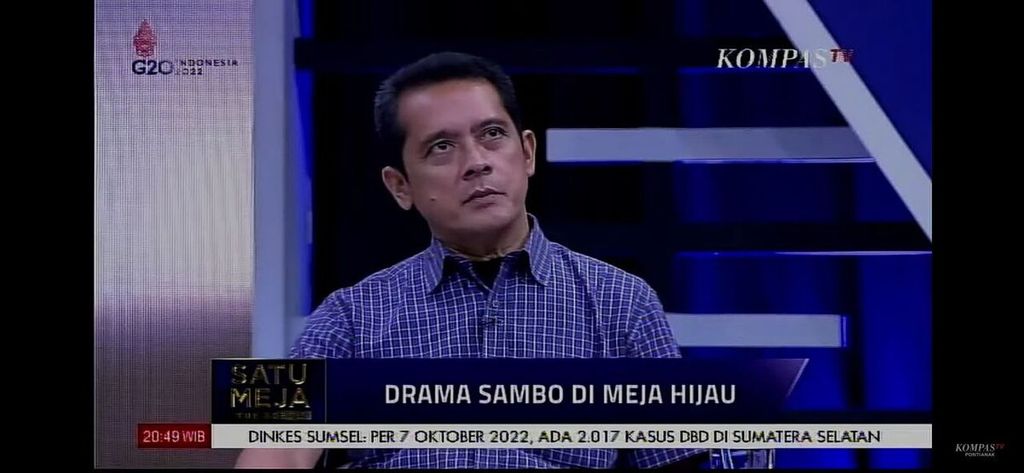 Pakar Hukum Pidana Universitas Indonesia Ganjar Laksmana dalam acara bincang-bincang Satu Meja The Forum bertajuk “Drama Sambo di Meja Hijau” yang ditayangkan di Kompas TV, Rabu (12/10/2022) malam.